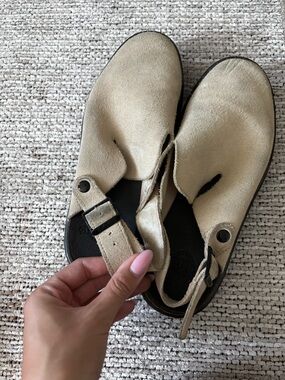 Dr. Martens Carlson Beige Suede Slingback Mules Buckle Strap